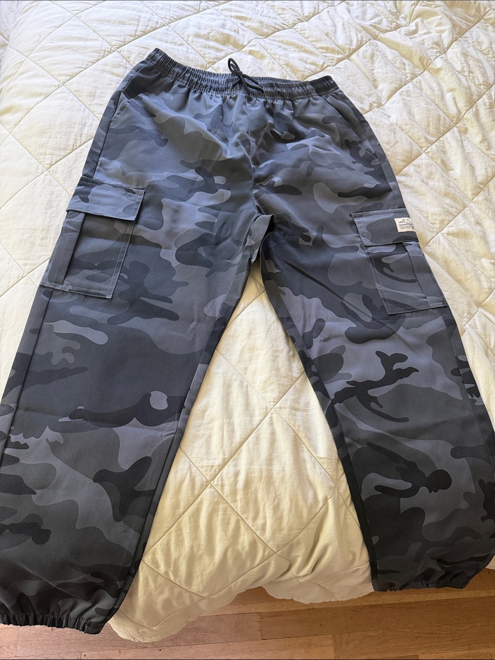Men's Black Gray Camo Cargo Pants with Elastic Ankles